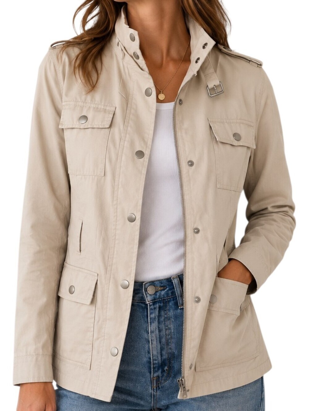 Banana Republic Heritage Utility Jacket Women Medium Beige Waxed Cotton